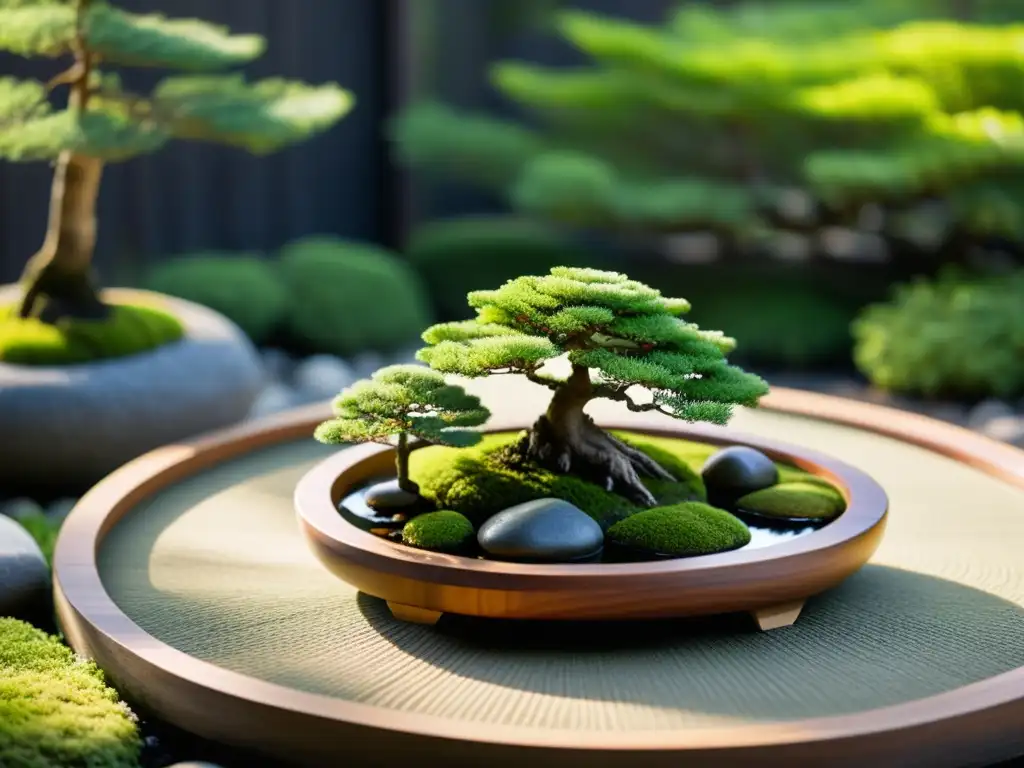 Jardín Zen tranquilo con rocas, estanque, musgo y bonsái, irradiando armonía y equilibrio, ideal para las mejores plantas jardín feng shui