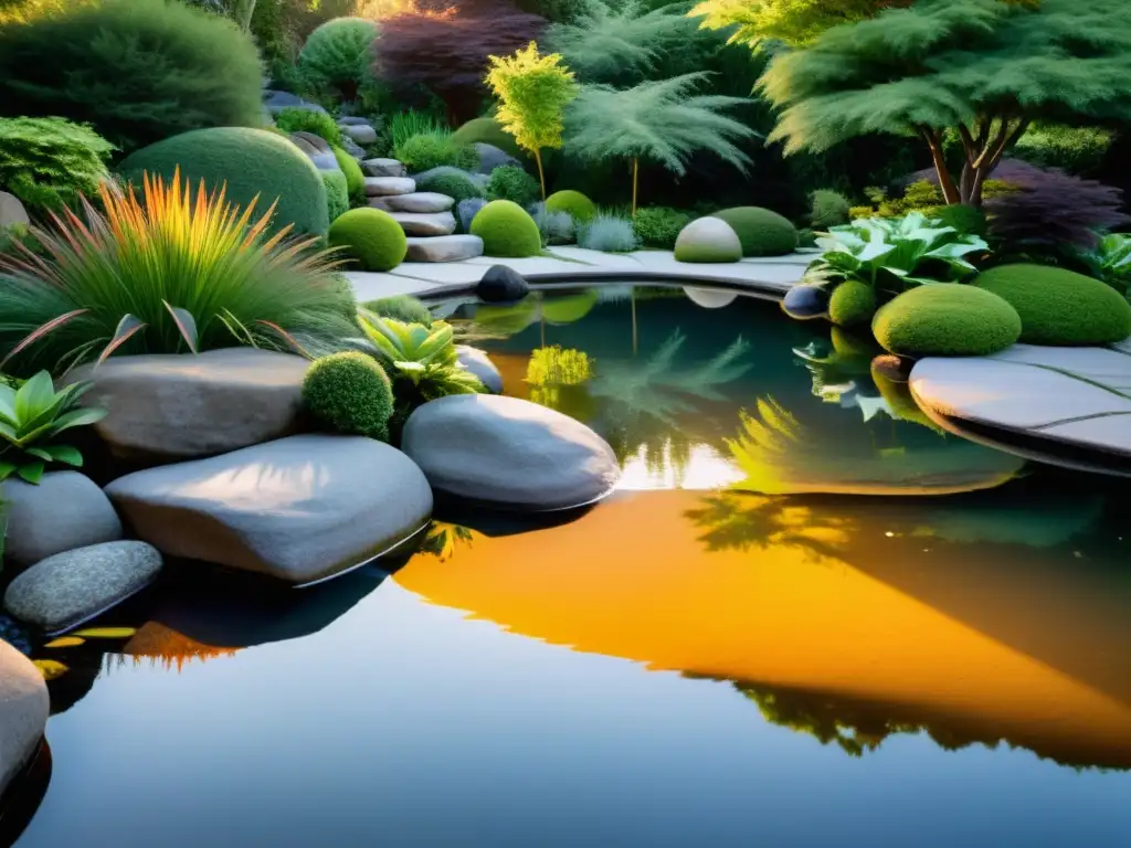 Un jardín tranquilo con rocas, un estanque y exuberante vegetación, bañados por la cálida luz del sol poniente