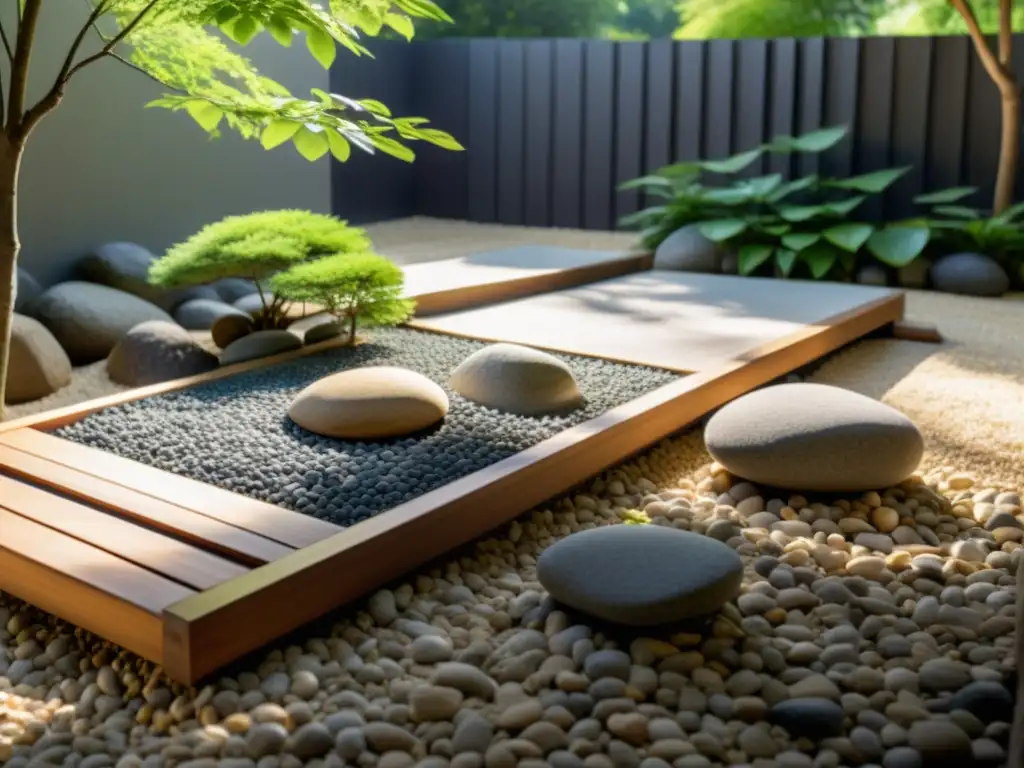 Un jardín Zen tranquilo con rocas y grava, iluminado por luz filtrada entre los árboles