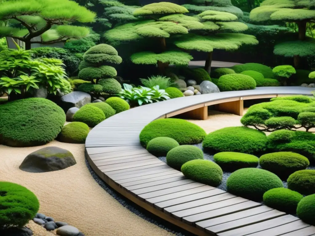 Tranquilo jardín de rocas japonés con equilibrio y armonía, rodeado de exuberante vegetación y un puente de madera al fondo