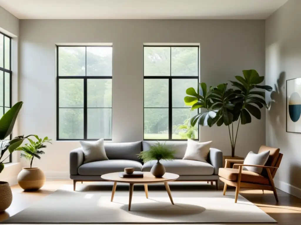 Tranquilo salón con luz natural para Feng Shui, decoración en tonos neutros y equilibrio armonioso