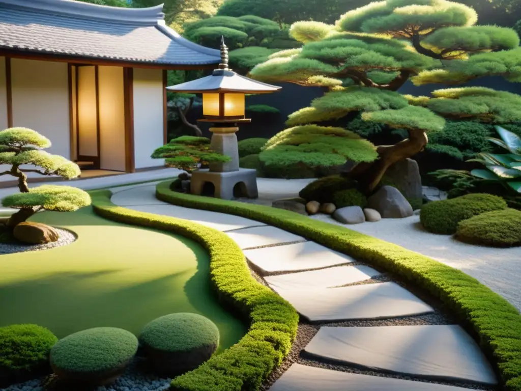 Un jardín Zen tranquilo con senderos de piedra curvados, bonsáis cuidados y una linterna japonesa, evocando diseño senderos jardín Feng Shui