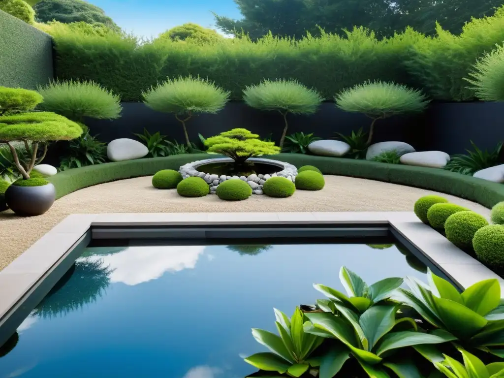 Jardín tranquilo con ubicación estratégica de plantas según principios Feng Shui, reflejando armonía y serenidad