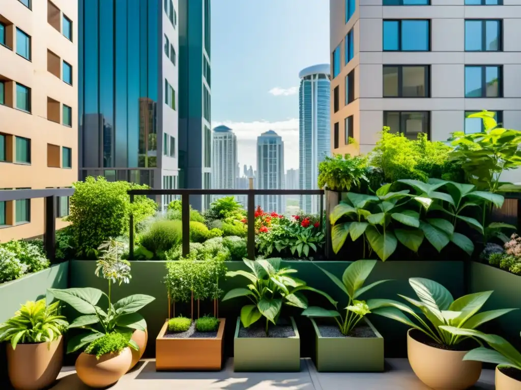 Un tranquilo jardín urbano con plantas verdes vibrantes y un cielo azul, evocando armonía y equilibrio con el Feng Shui para huerto urbano