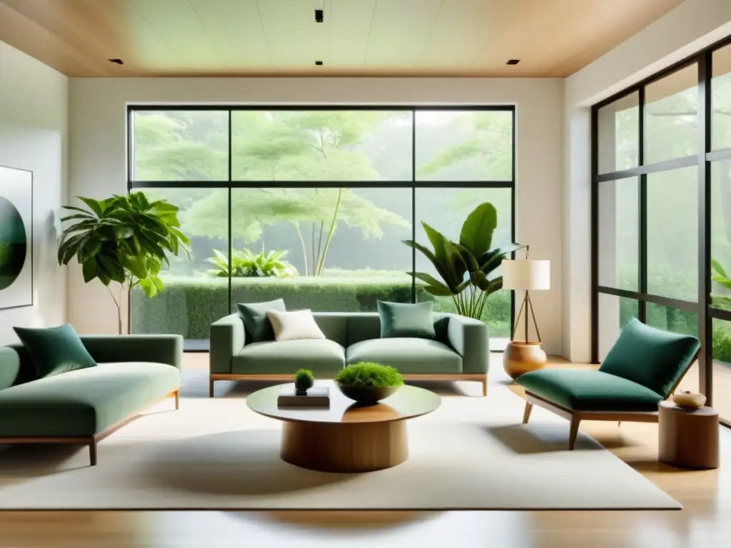 Transformaciones del Hogar con Feng Shui: Sala de estar minimalista y serena con luz natural, muebles armoniosos y plantas verdes