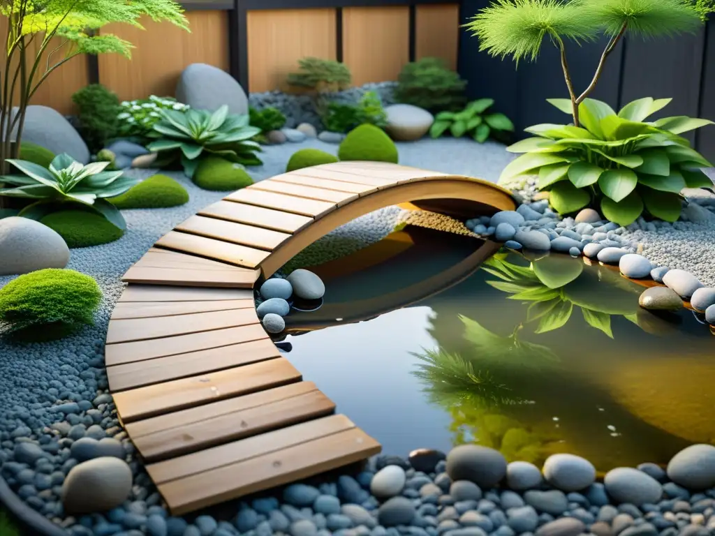 Jardín Zen con ubicación estratégica de plantas siguiendo principios de Feng Shui, transmite serenidad y equilibrio