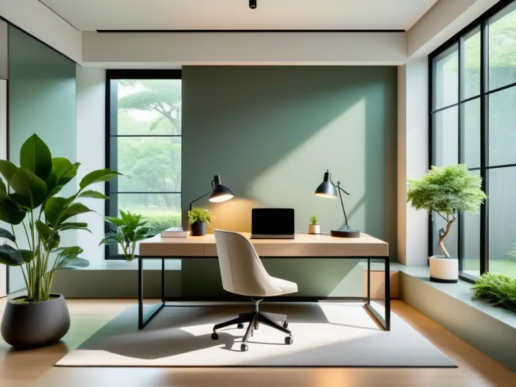 Ubicación ideal oficinas Feng Shui: Espacio de oficina minimalista con vista a un jardín tranquilo, escritorio despejado y armoniosa decoración