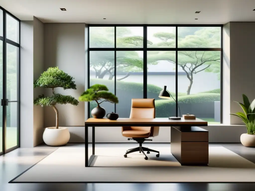 Ubicación ideal oficinas Feng Shui: Espacio de oficina minimalista con vista a un jardín sereno, iluminado y armonioso