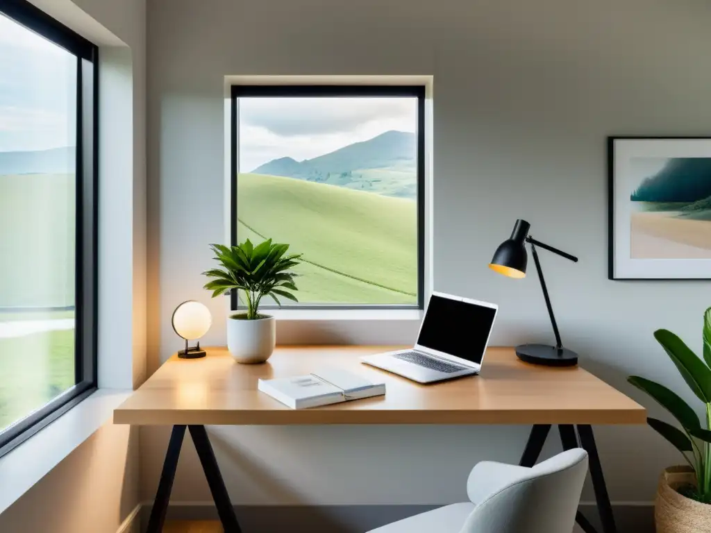 Ubicación ideal oficinas Feng Shui: Espacio de oficina minimalista con luz natural, equilibrio y armonía