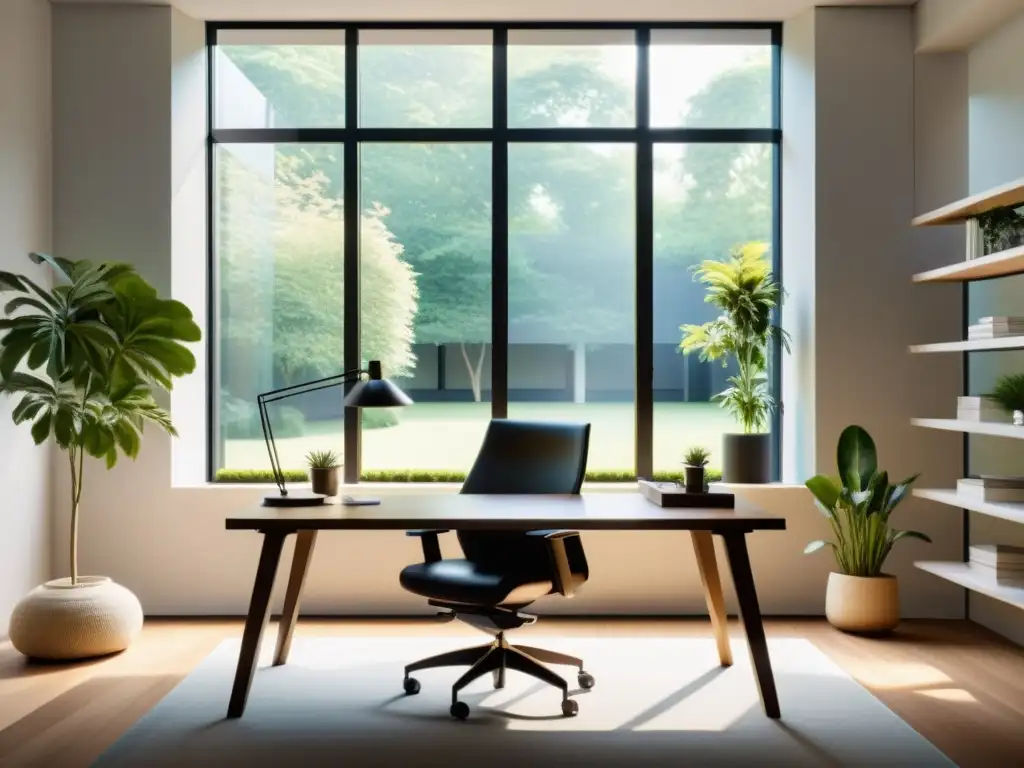 Ubicación ideal oficinas Feng Shui: Espacio de oficina minimalista con vistas a un jardín tranquilo y un escritorio ordenado, bañado por luz natural