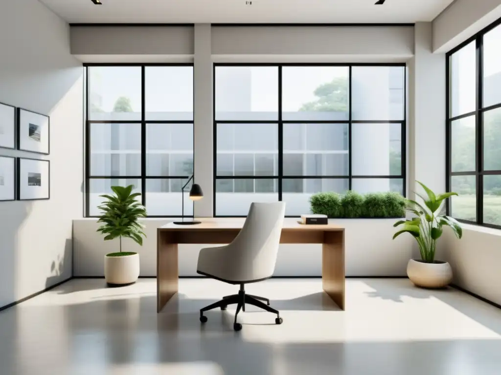 Ubicación ideal oficinas Feng Shui: Espacio de oficina sereno y minimalista con luz natural y equilibrio de diseño