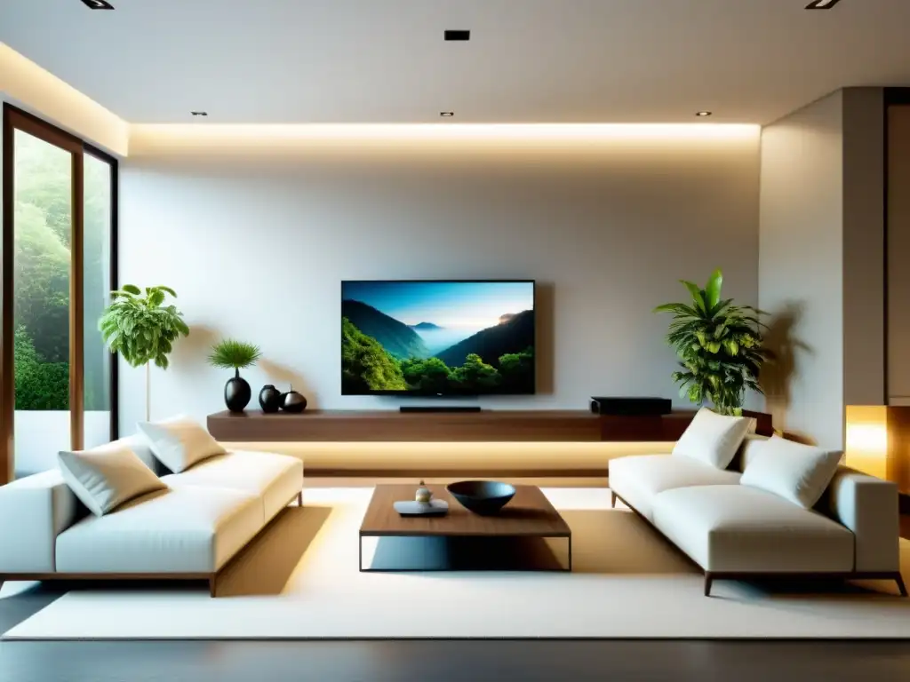 Ubicación ideal televisores Feng Shui: Sala de estar minimalista con televisión equilibrada, plantas y armonía