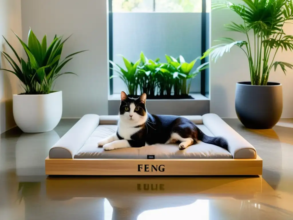 Ubicación zonas mascotas Feng Shui: Un espacio armonioso con cama moderna para mascotas, rodeado de plantas y agua, bañado en luz natural