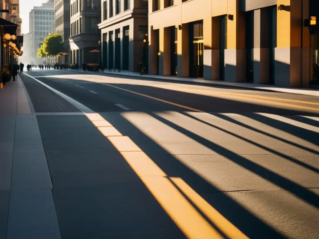 Iluminación urbana Feng Shui acogedora en la ciudad al atardecer, con luces cálidas y sombras alargadas