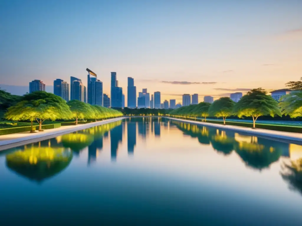 Feng Shui en la planificación urbana: una ciudad serena al atardecer, con modernos edificios y naturaleza exuberante en armonía