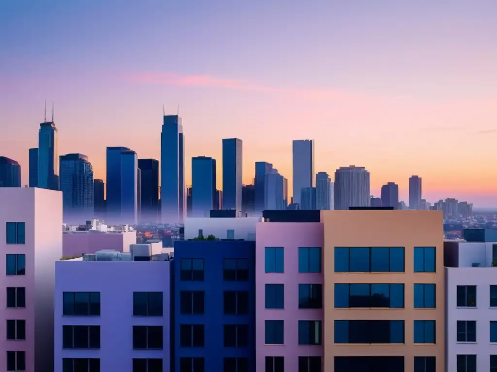 Feng Shui en la planificación urbana: Ciudad serena al atardecer, con edificios modernos reflejando la cálida luz del sol