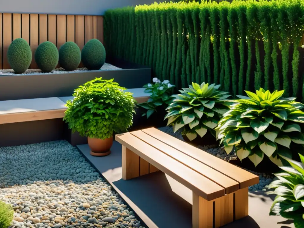 Un jardín urbano armonioso con plantas en macetas, piedras y un banco de madera, creando un ambiente tranquilo