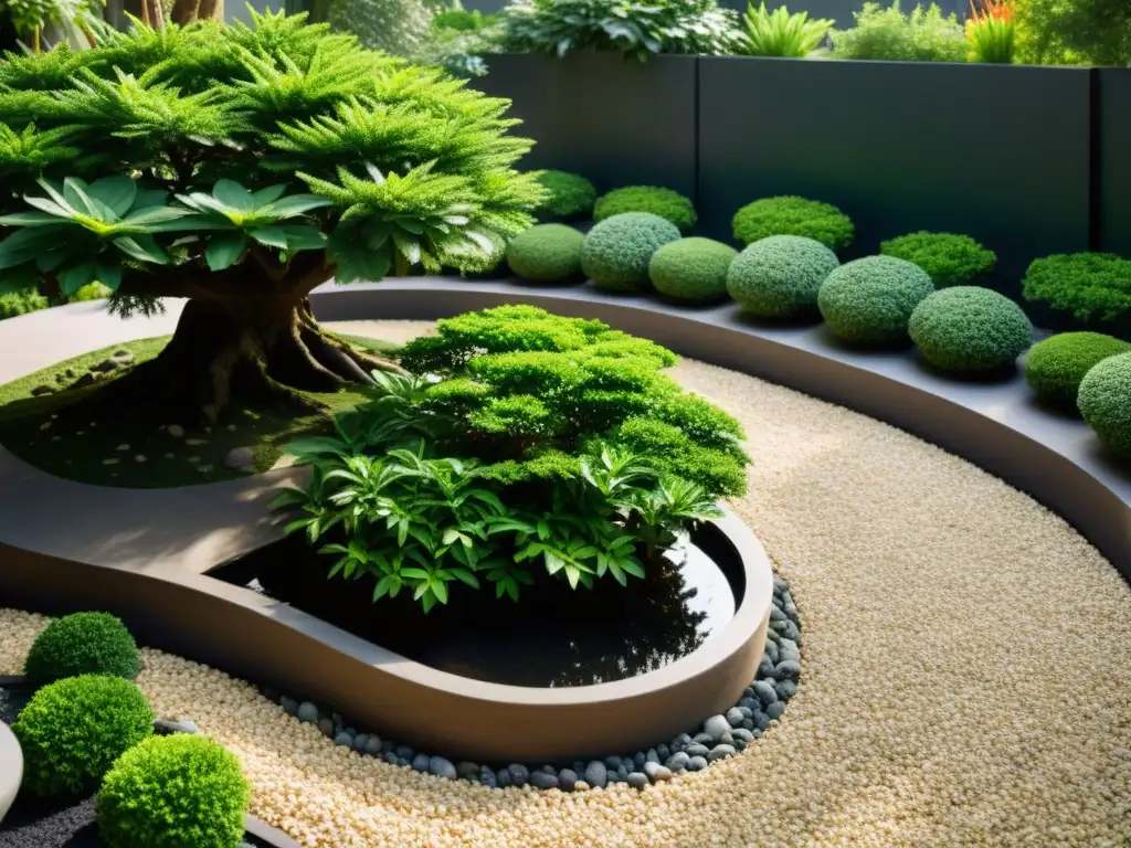 Un jardín urbano exuberante y armonioso, diseñado con principios de Feng Shui para jardines urbanos