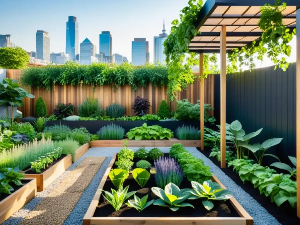 Un jardín urbano exuberante con hortalizas y hierbas vibrantes, armonía y abundancia con diseño Feng Shui y huertos urbanos