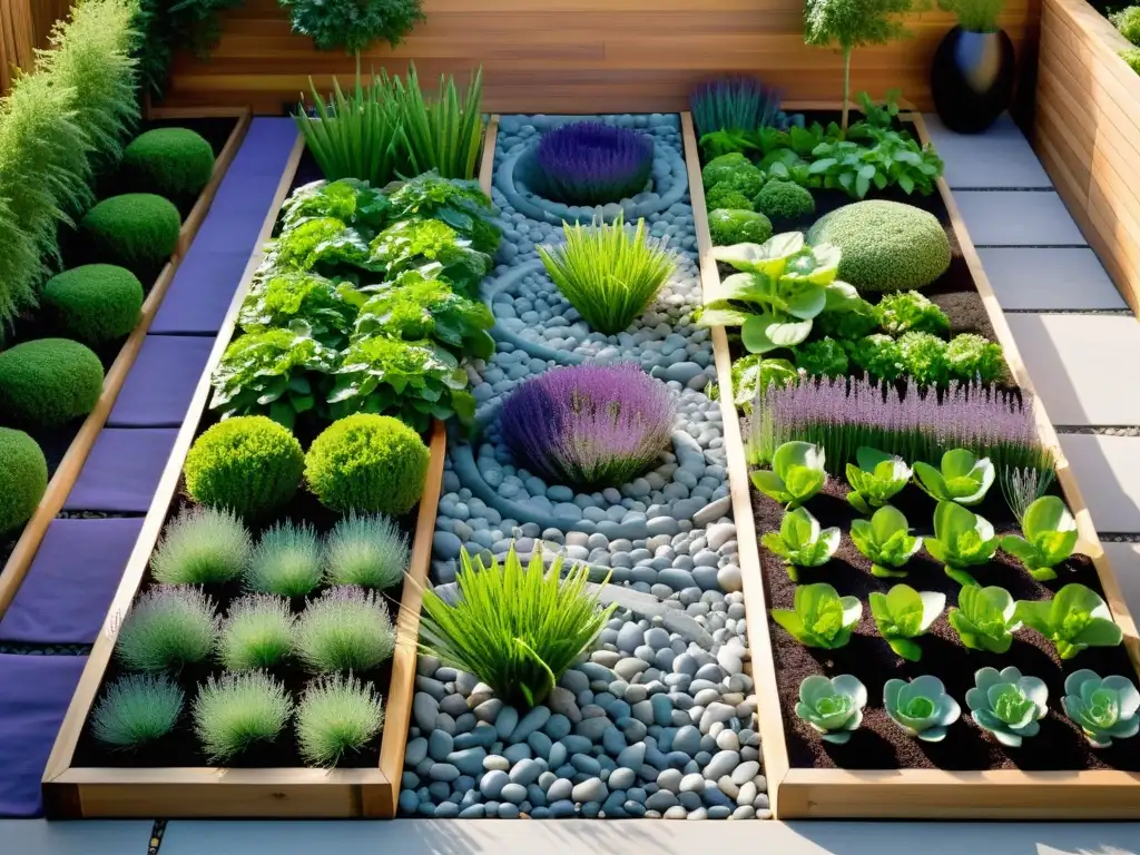 Un jardín urbano minimalista con camas elevadas en un armonioso patrón yinyang, vegetales verdes y flores moradas