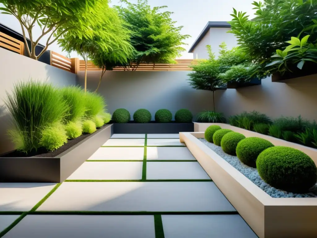 Un jardín urbano minimalista con equilibrio de plantas y elementos decorativos, bañado en luz natural