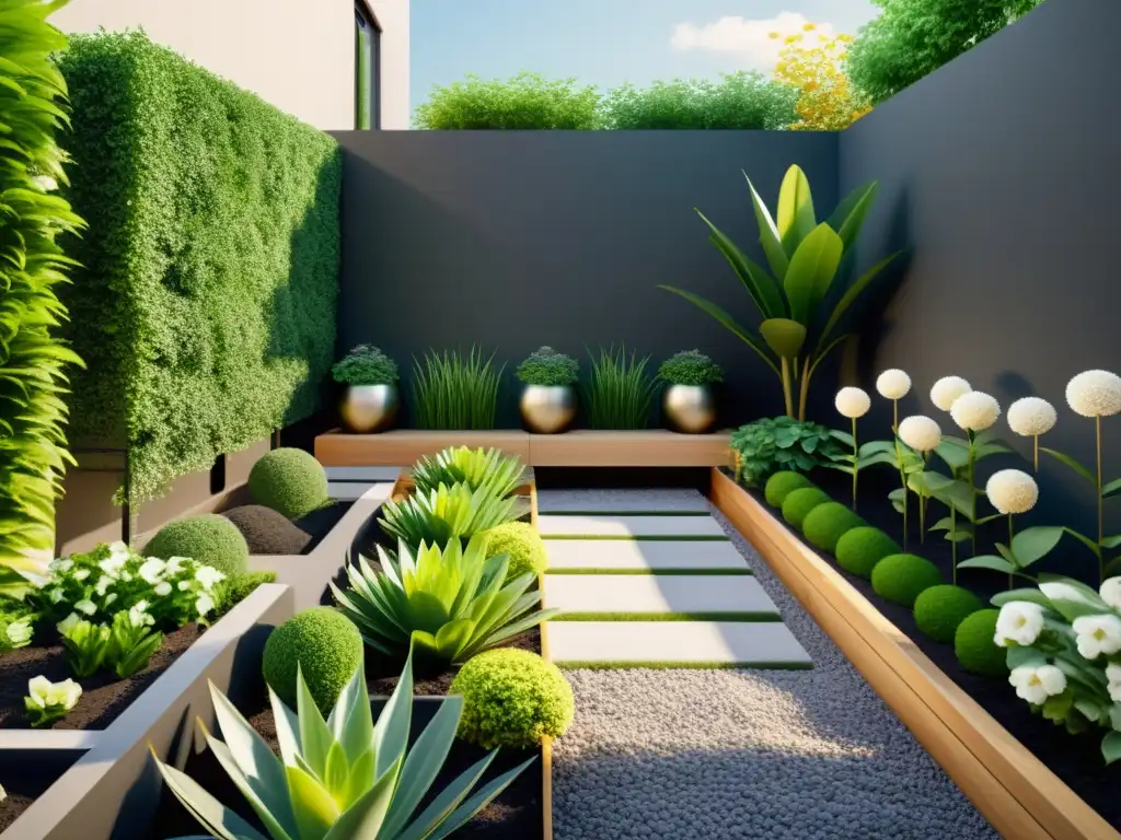 Jardín urbano minimalista con diseño feng shui, huertos urbanos, armonía y vegetación exuberante