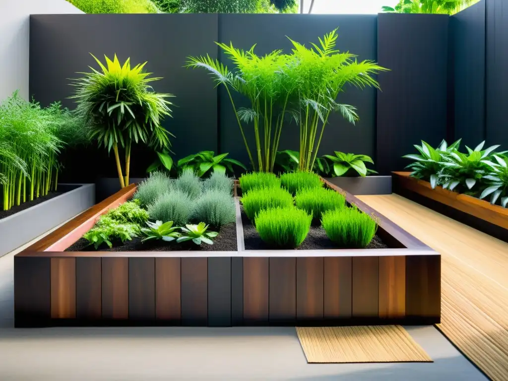 Un jardín urbano minimalista con diseño Feng Shui, donde la madera oscura destaca entre plantas exuberantes y bambú