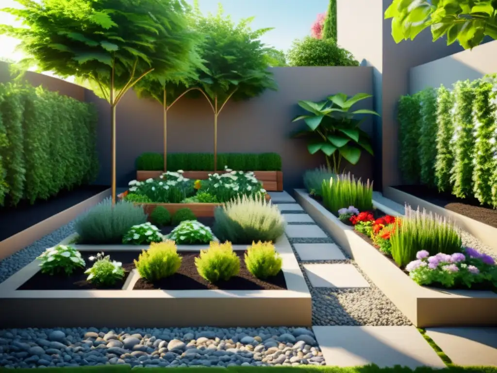 Un jardín urbano con arriates ordenados y plantas vibrantes