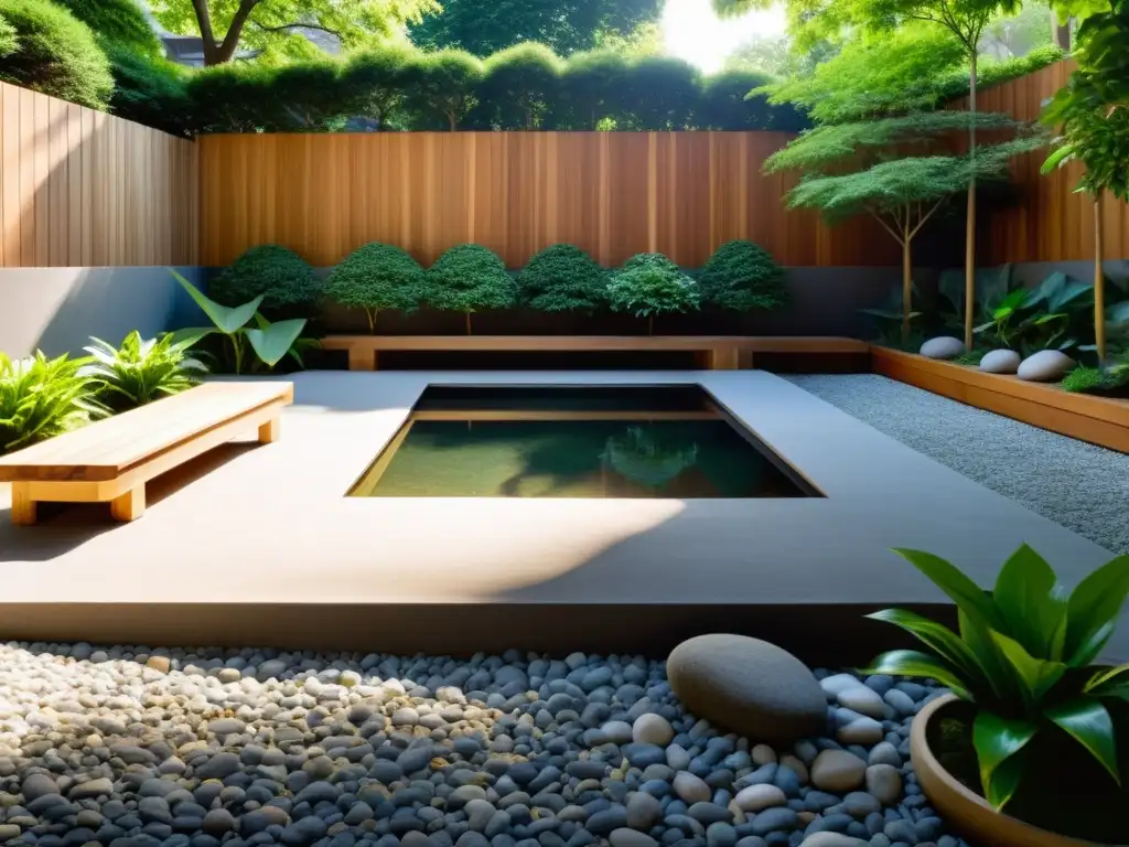 Un jardín urbano sereno con elementos de feng shui: estanque, vegetación exuberante, piedras y bancos de madera para meditación