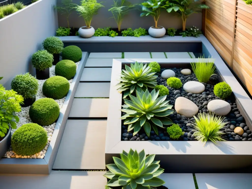 Un jardín urbano sereno con elementos de Feng Shui, huertos urbanos y una atmósfera armoniosa