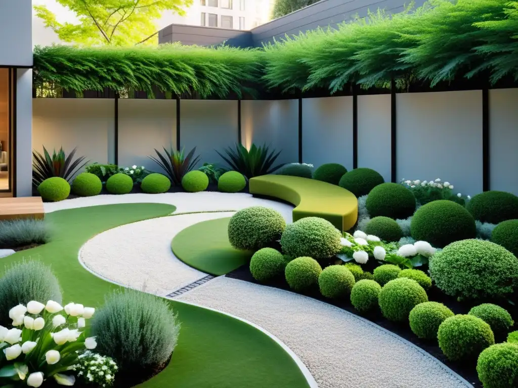 Un jardín urbano sereno y minimalista con diseño Feng Shui, integrando armonía y tranquilidad en medio de la ciudad