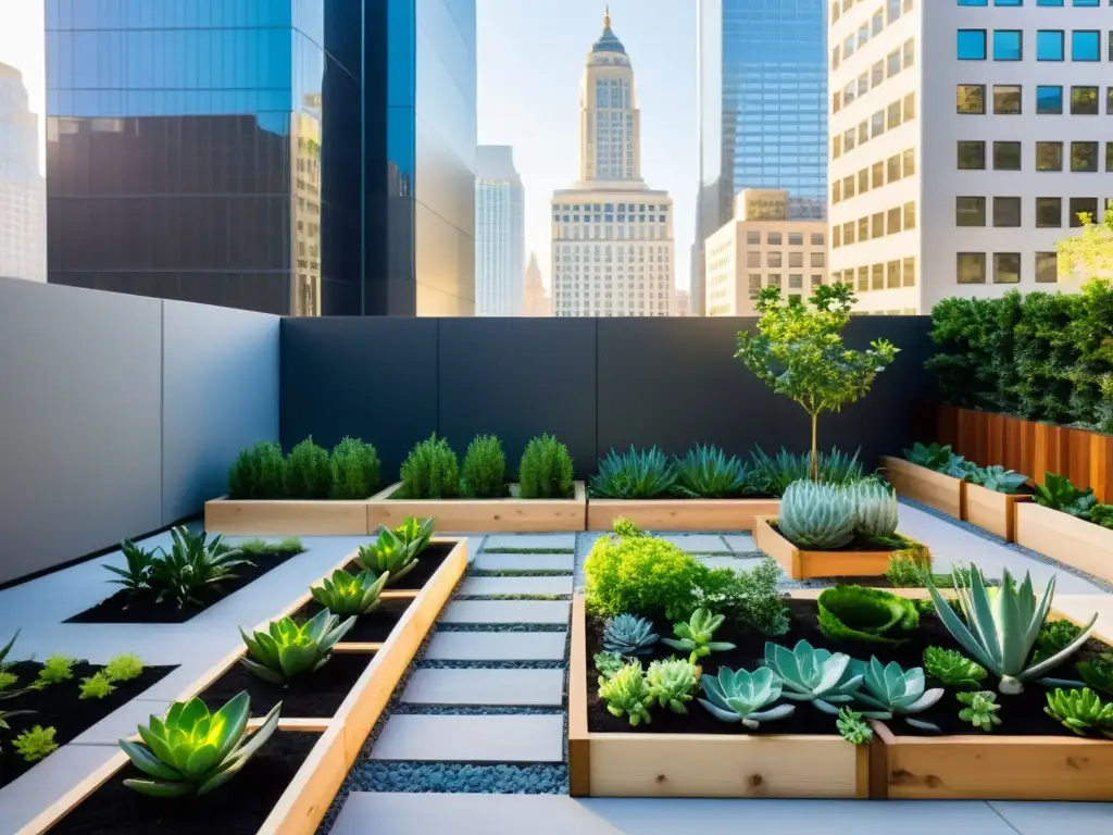 Un jardín urbano sereno y minimalista, con camas elevadas, suculentas y árboles frutales