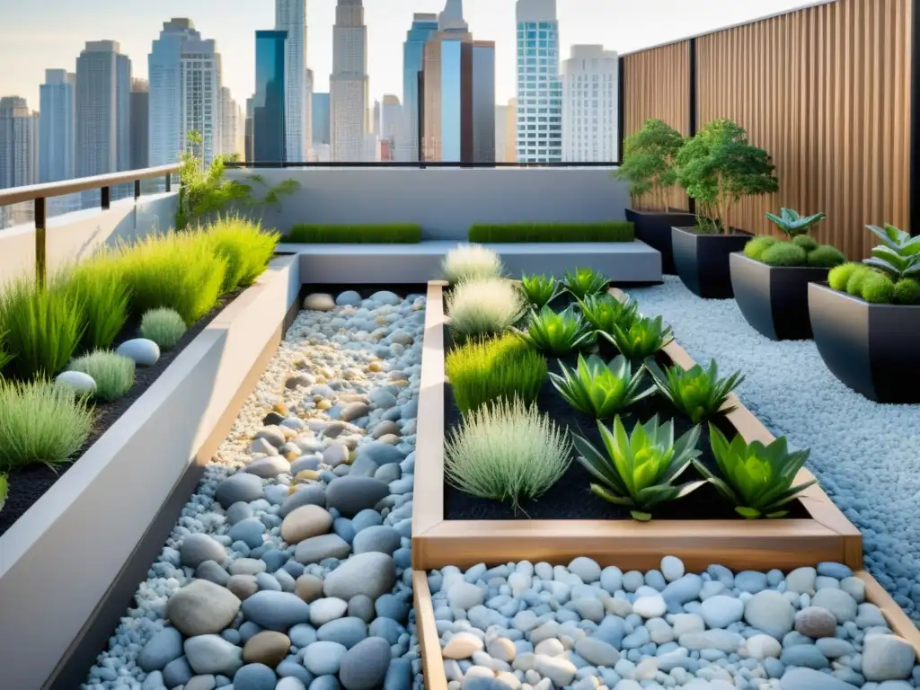 Un jardín urbano sereno y minimalista con elementos de feng shui, creando un oasis tranquilo en la ciudad