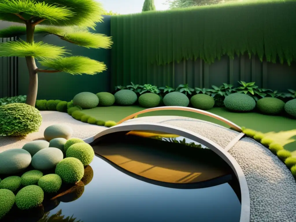 Un jardín urbano sereno y minimalista con elementos cuidadosamente dispuestos según los principios del Feng Shui, creando armonía y tranquilidad