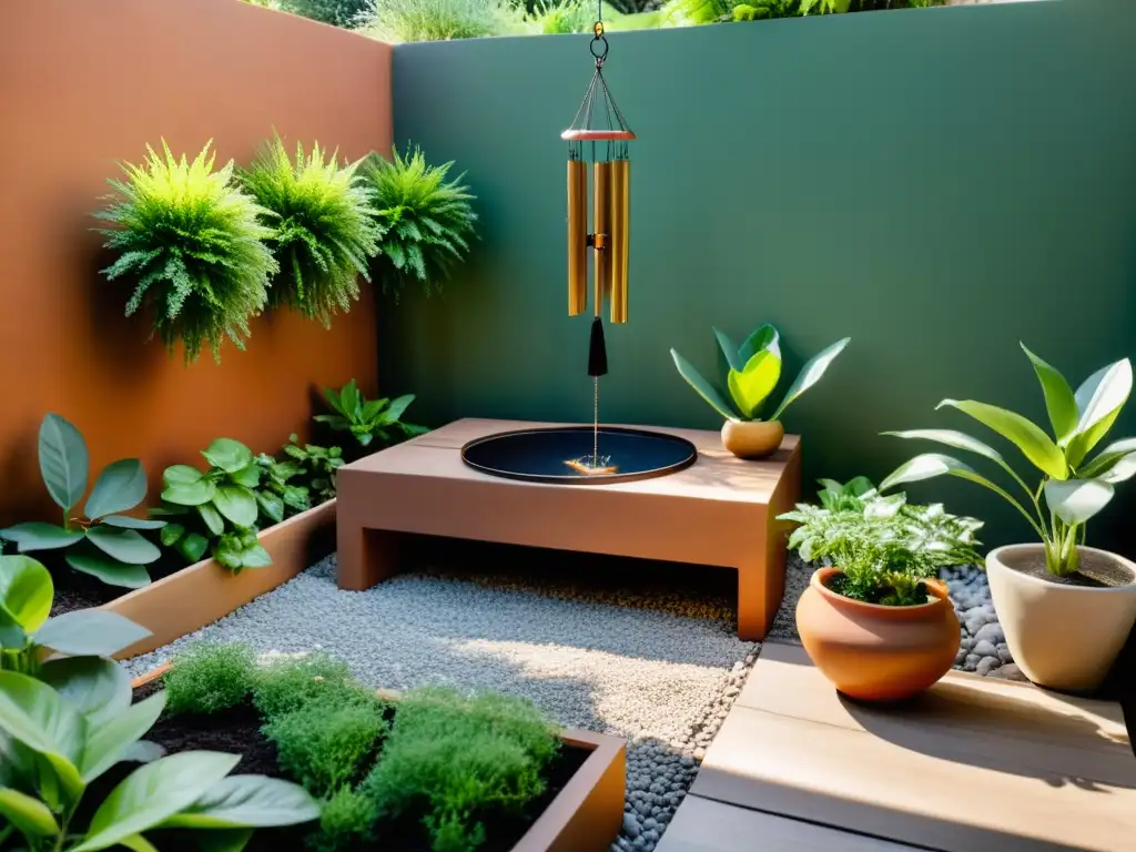 Un jardín urbano sereno y minimalista integra los cinco elementos en Feng Shui, con plantas exuberantes y elementos decorativos cuidadosamente colocados