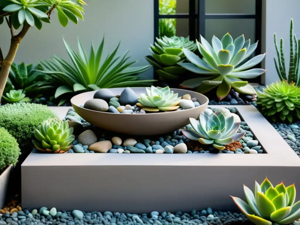 Un jardín urbano sereno y minimalista, con suculentas y rocas arregladas según el Feng Shui para huerto urbano, bañado en suave luz natural
