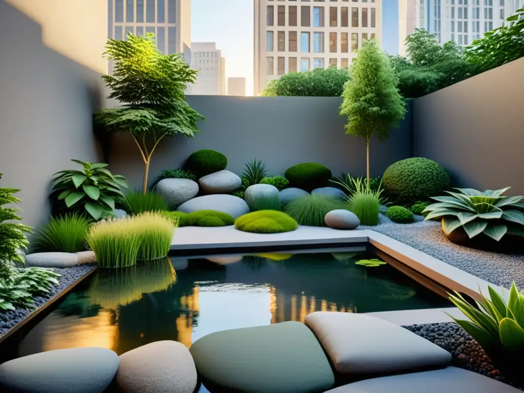 Un jardín urbano sereno con rocas, un estanque tranquilo y plantas estratégicamente colocadas, creando armonía