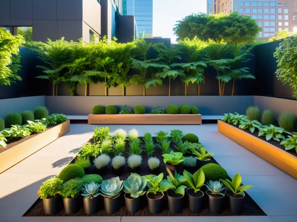Un jardín urbano tranquilo y armonioso con camas elevadas de plantas verdes vibrantes