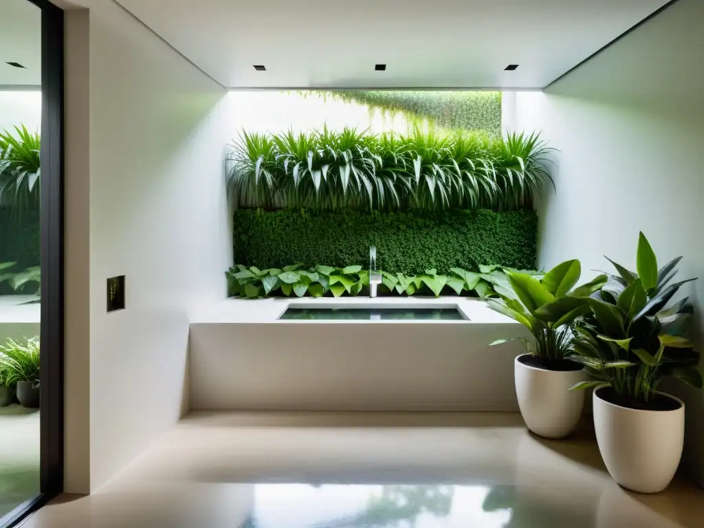 Uso adecuado espejos Feng Shui para crear un ambiente armonioso con jardín interior reflejado en espejo sin marco en la pared blanca