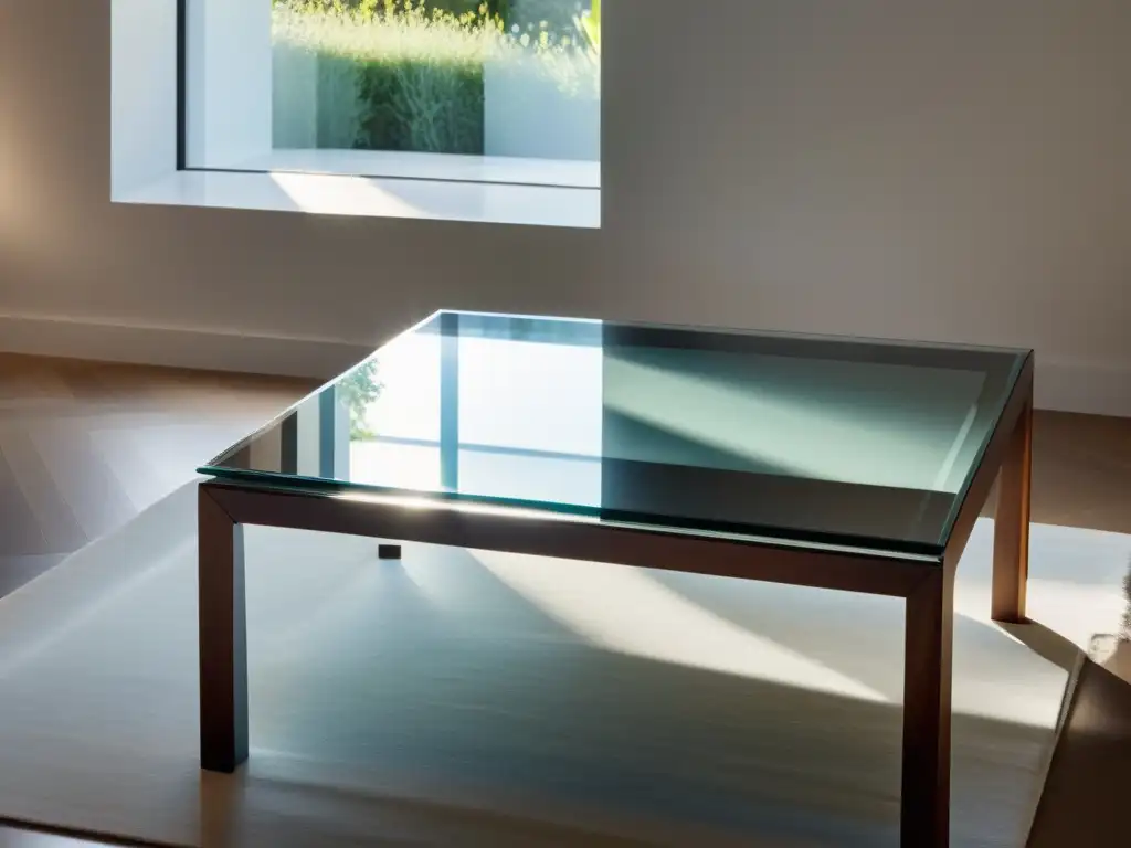 Un uso estratégico del cristal en Feng Shui: mesa de vidrio minimalista reflejando la luz natural y la armonía de luces y sombras