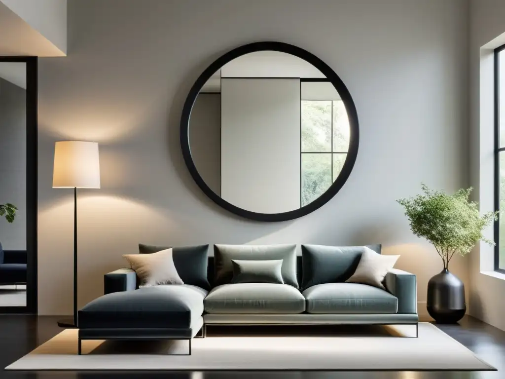 Uso estratégico de espejos en Feng Shui: Sala de estar minimalista con espejo que refleja luz natural, creando amplitud y tranquilidad