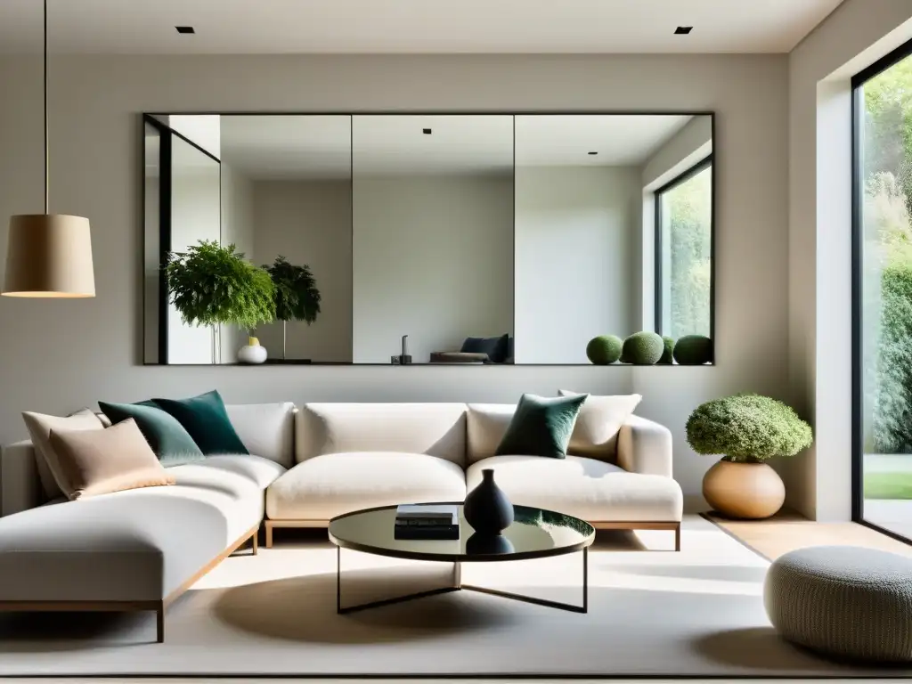 'Uso estratégico de espejos en Feng Shui en un salón minimalista, con diseño y luz natural, reflejando un jardín interior sereno