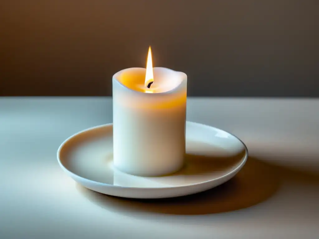 Uso de velas en Feng Shui: Vela blanca parcialmente quemada en plato de cerámica blanco, creando un ambiente tranquilo y equilibrado