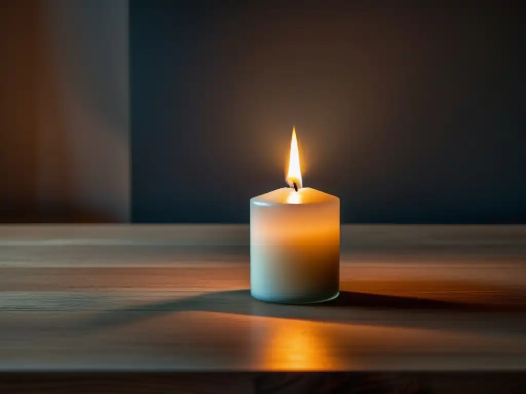 Uso de velas en el Feng Shui: Una habitación oscura iluminada por una única vela en una mesa de madera, creando una atmósfera serena y contemplativa