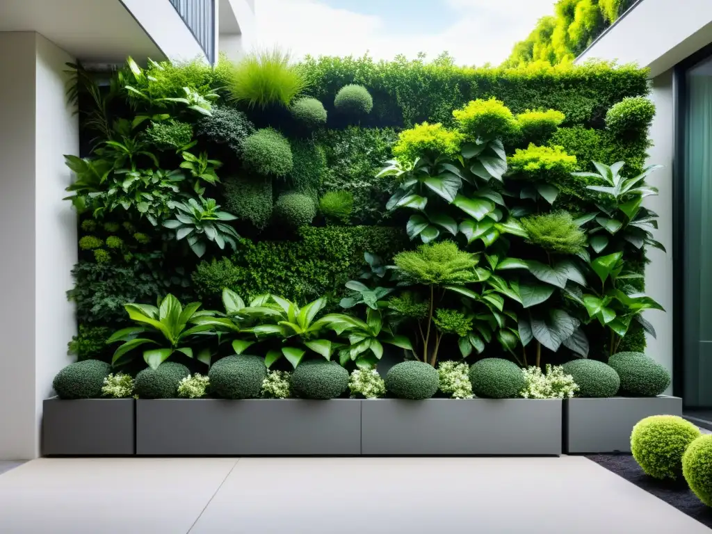 Un jardín Feng Shui vertical con arbustos cuidadosamente dispuestos, evocando armonía y serenidad en un diseño minimalista y equilibrado