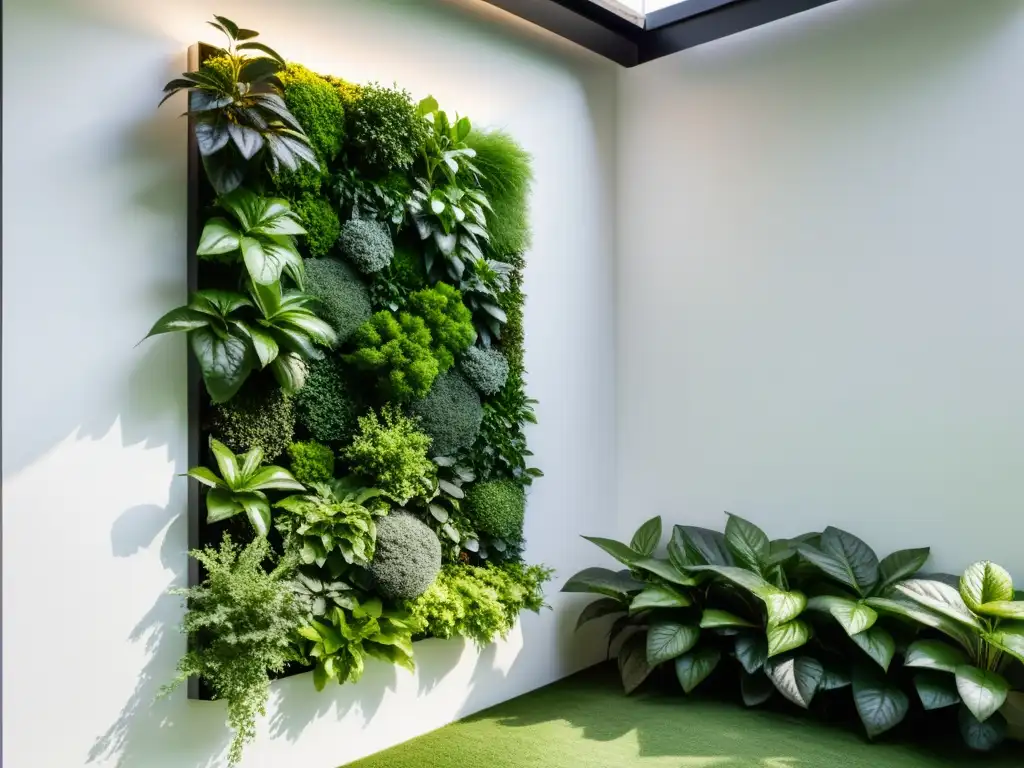 Un jardín Feng Shui vertical con arbustos verdes cuidadosamente dispuestos, creando una atmósfera de serenidad y equilibrio