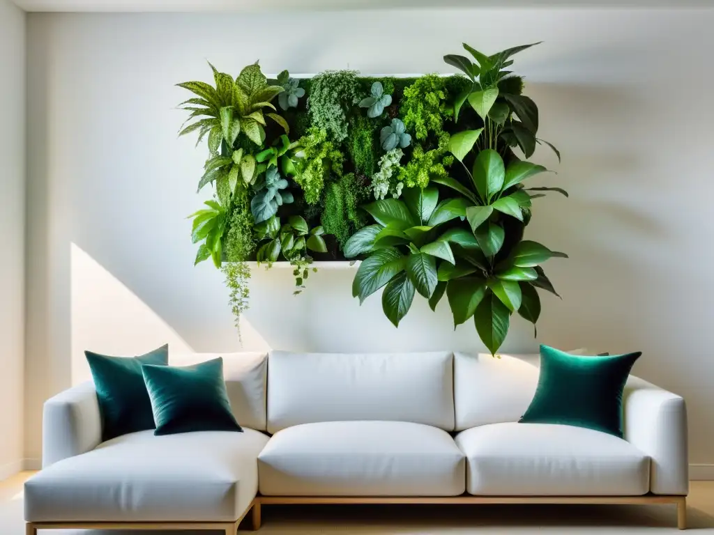 Un jardín vertical de Feng Shui irradia armonía en un salón soleado, con plantas exuberantes y relajante ambiente