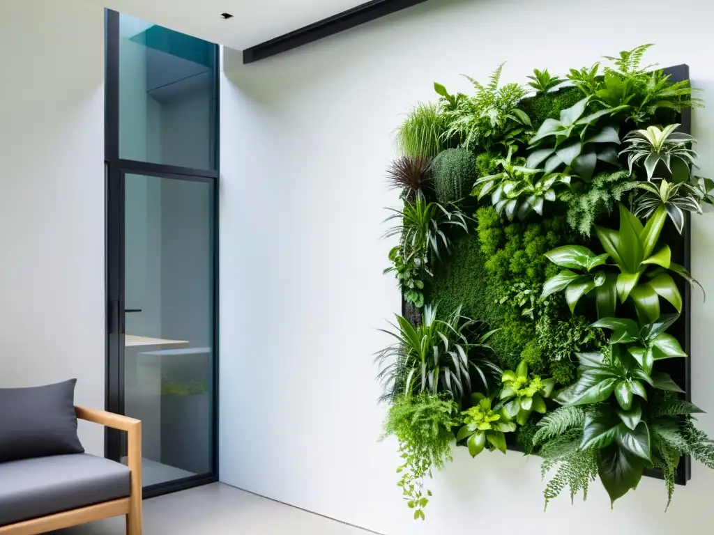 Un jardín vertical armonioso y equilibrado con plantas exuberantes, alineado con los principios de Feng Shui, contra una pared blanca limpia