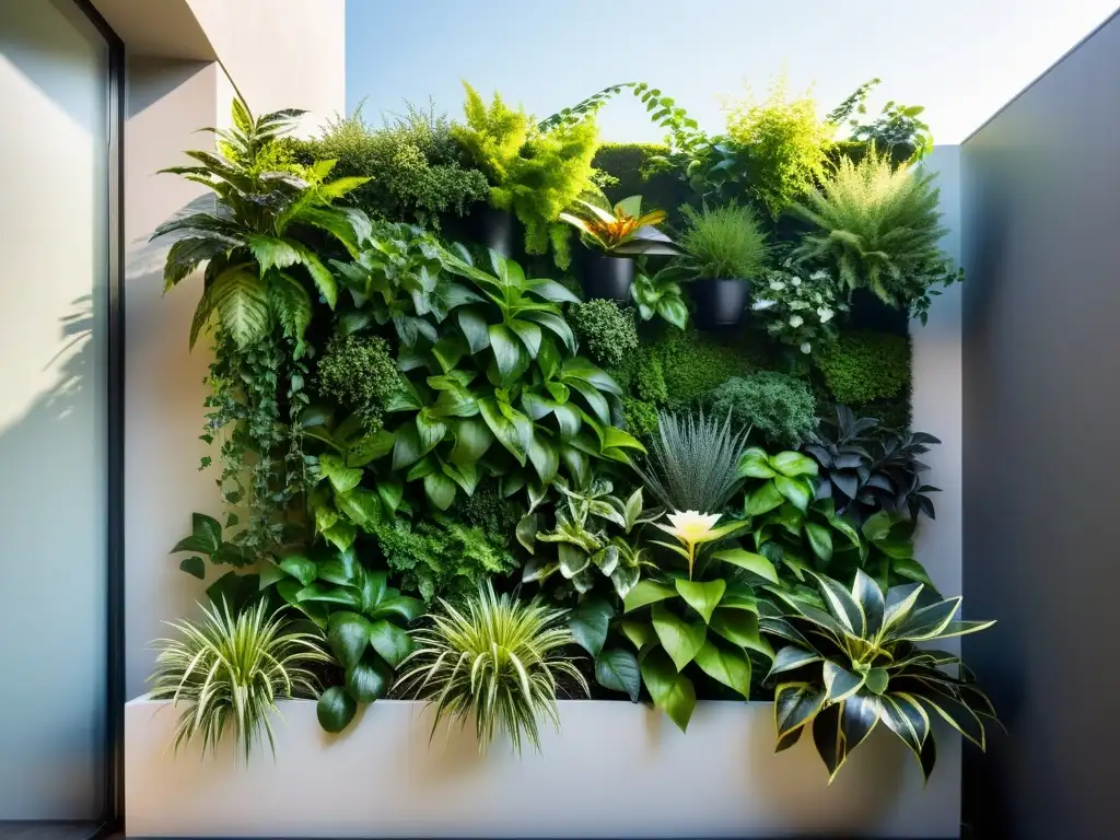 Un jardín vertical armonioso, con plantas en tonos verdes y texturas variadas, iluminado por el sol