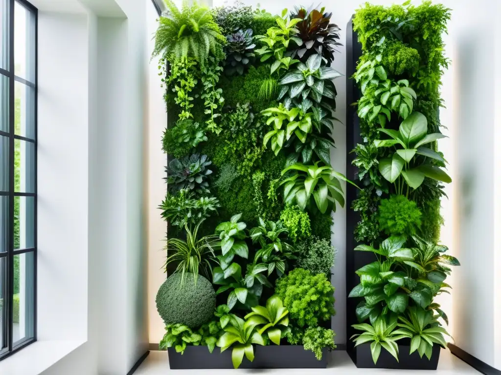 Un jardín vertical elegante y armonioso con plantas verdes exuberantes, creando una sensación de tranquilidad y equilibrio